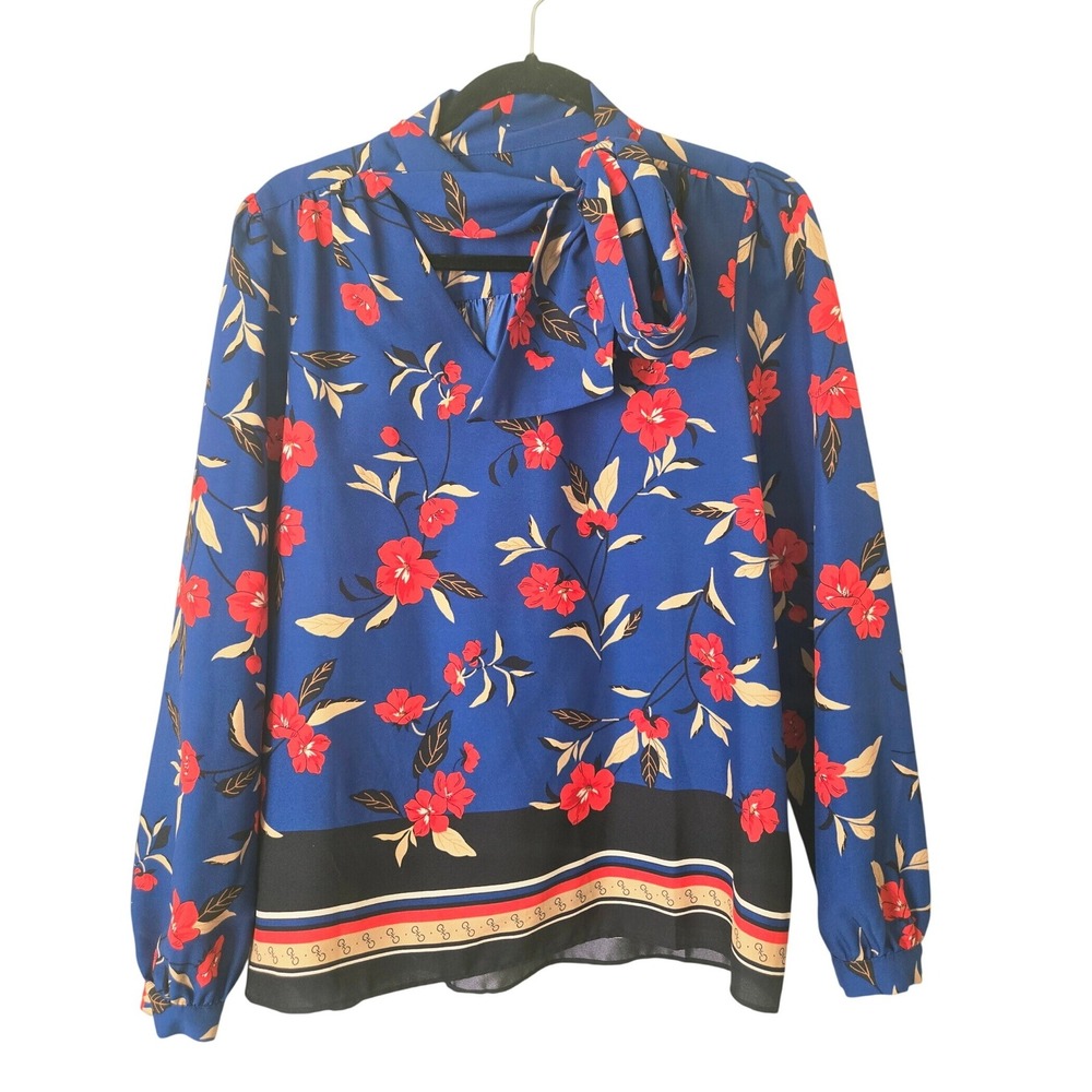 Ann Taylor Womens S Blouse Blue Floral Secretary Bow Long Sleeve Top